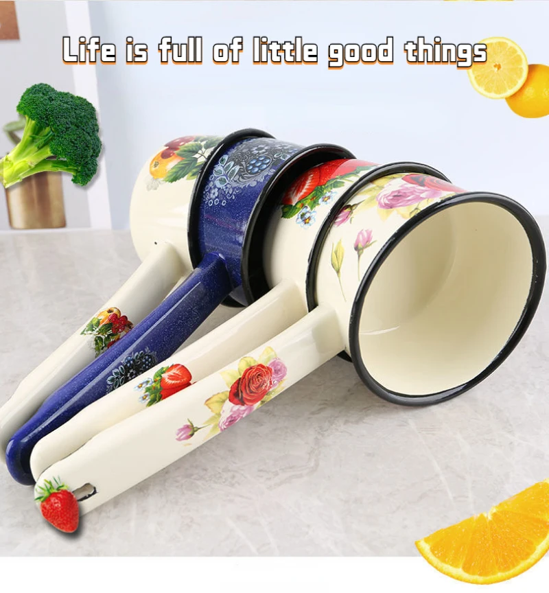 Cacerola de leche esmaltada Vintage con cucharón de mango largo para Gas o cocina de inducción, cucharón de agua esmaltado con estilo Retro para la cocina del hogar