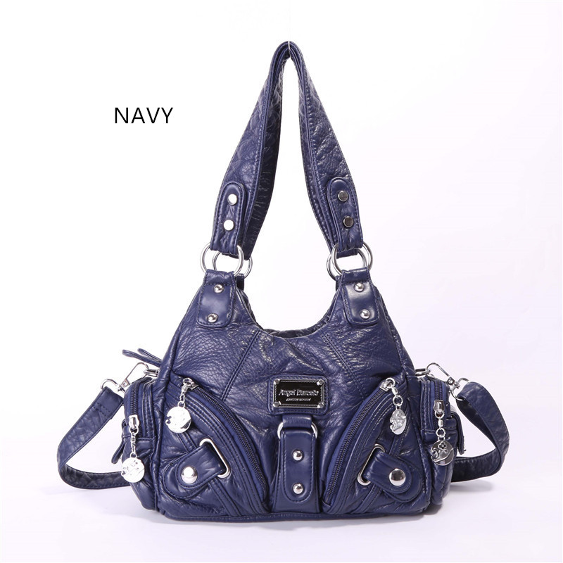 Women Vintage Purse Small Female Shoulder Bag Cute Tote Wash Faux Leather Handbag with Long Strap: navy