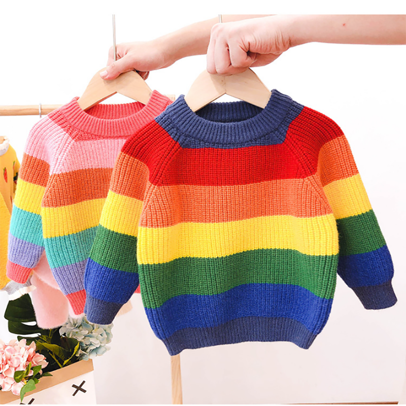 1-5 ans bébé fille vêtements d'hiver arc-en-ciel rayé tricot pull enfants col rond enfant en bas âge garçon vêtements pull de noël