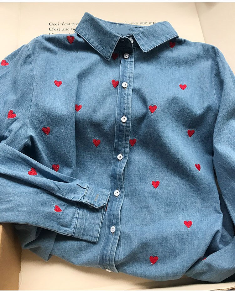 Chemisier brodé coeur rouge pour femmes, simple boutonnage, manches longues, frais, printemps