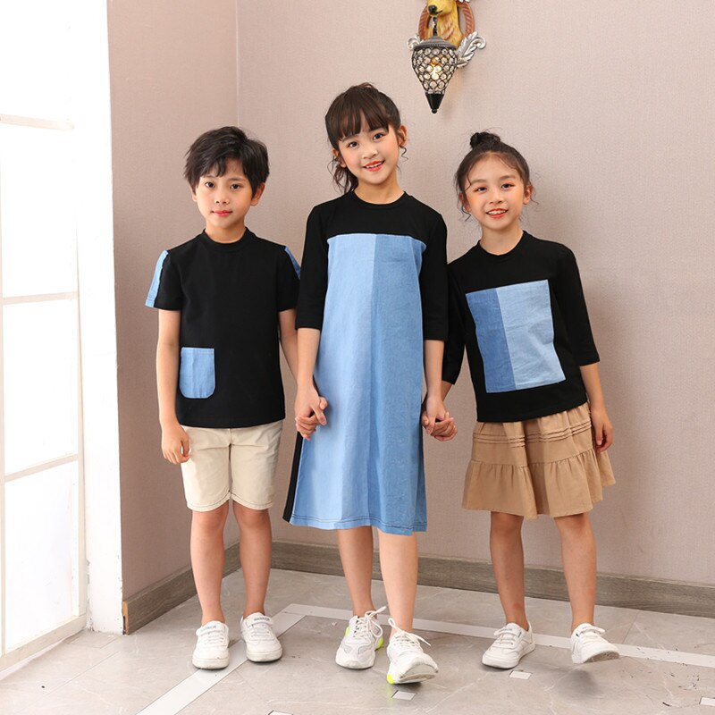 4 à 12 ans enfants garçons d'été denim bleu poche t-shirt décontracté en coton enfants garçon épaule rayé noir t dessus de chemise