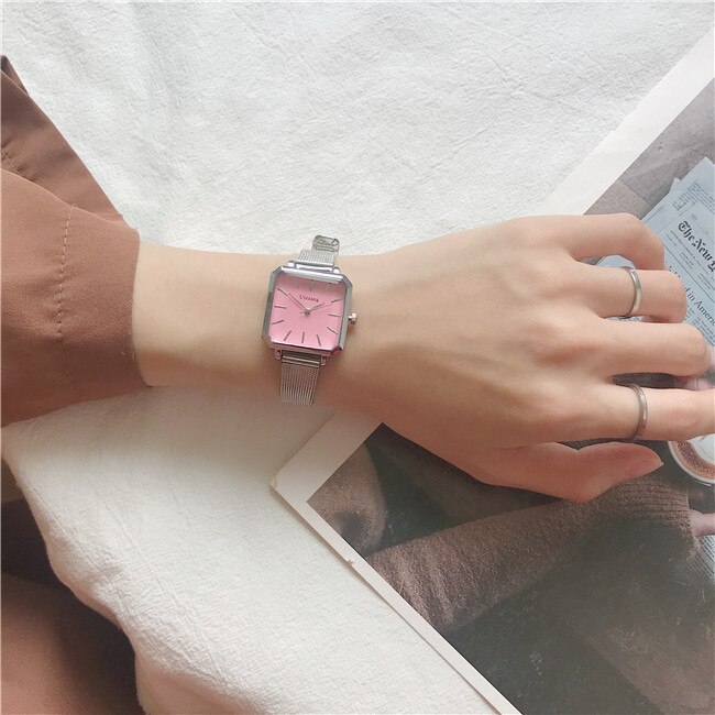 Montres en argent pour femmes, carré Vintage pour dames, Ulzzang, montre à Quartz décontractée avec bracelet en maille: Silver pink