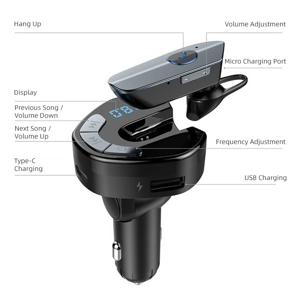 Bluetooth-autoladegerät mit kopfhörern,  mp3 -player-adapter, hd-freisprechfunktion und led-display für iphone 11 pro, xiaomi und samsung zubehör