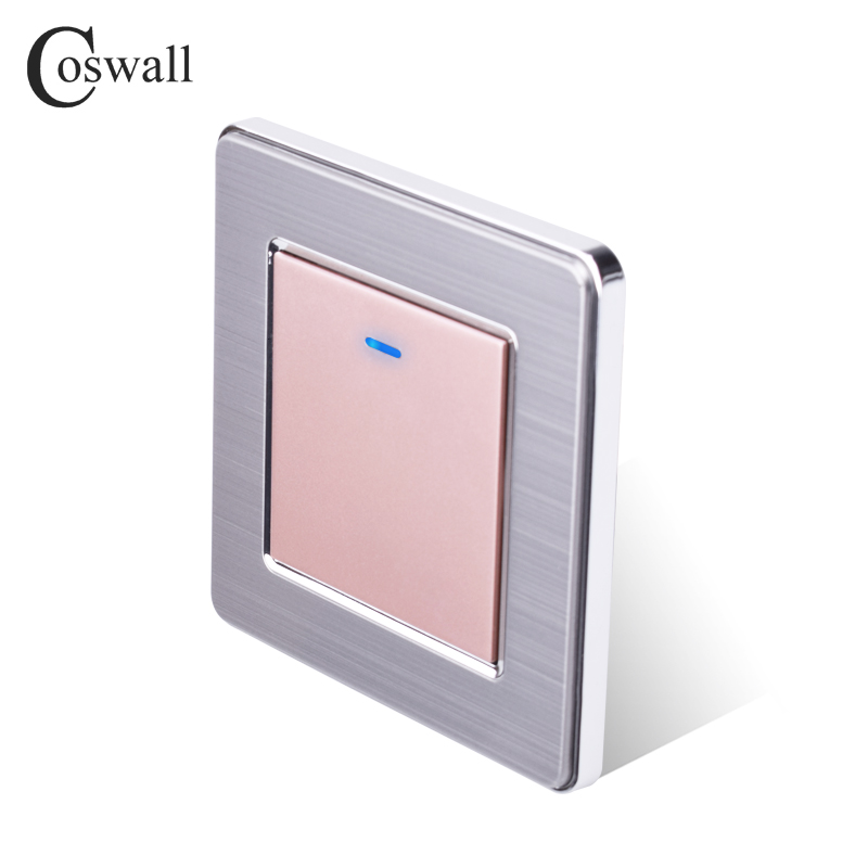 Coswall 1 Gang 2 Way Light Switch On / Off Wall Switch With LED Indicator Pass Through Switch Switched Stainless Steel Panel