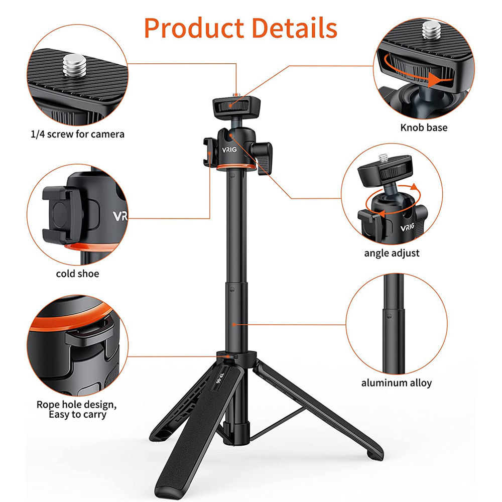 VRIG TP-06 trípode de teléfono con cámara de 4 secciones con cabezal esférico 360 zapato frío palo de Selfie trípode soporte para iPhone 15 14 13 12 cámara de teléfono