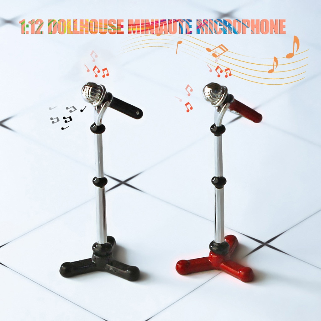 1/12 Dollhouse Miniatuur Muziekinstrument Legering Microfoon met Stand Rack Mini Huis Decor Accessoires Kids Pretend Play Speelgoed