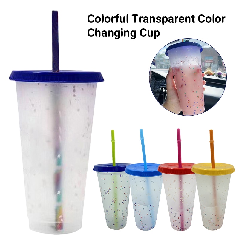 1Pcs 700/473Ml Kleur Veranderende Confetti Herbruikbare Plastic Beker Met Deksel En Stro Koude Cup Stro Cup drinkware Keuken Gagets