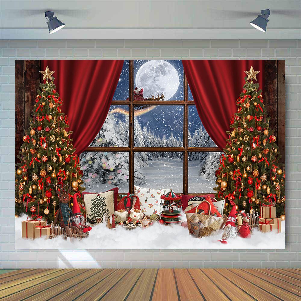 Children Kids Christmas Portrait Background for Photography Pine Tree Boxes Red Curtain White Snow Scene Photo Background