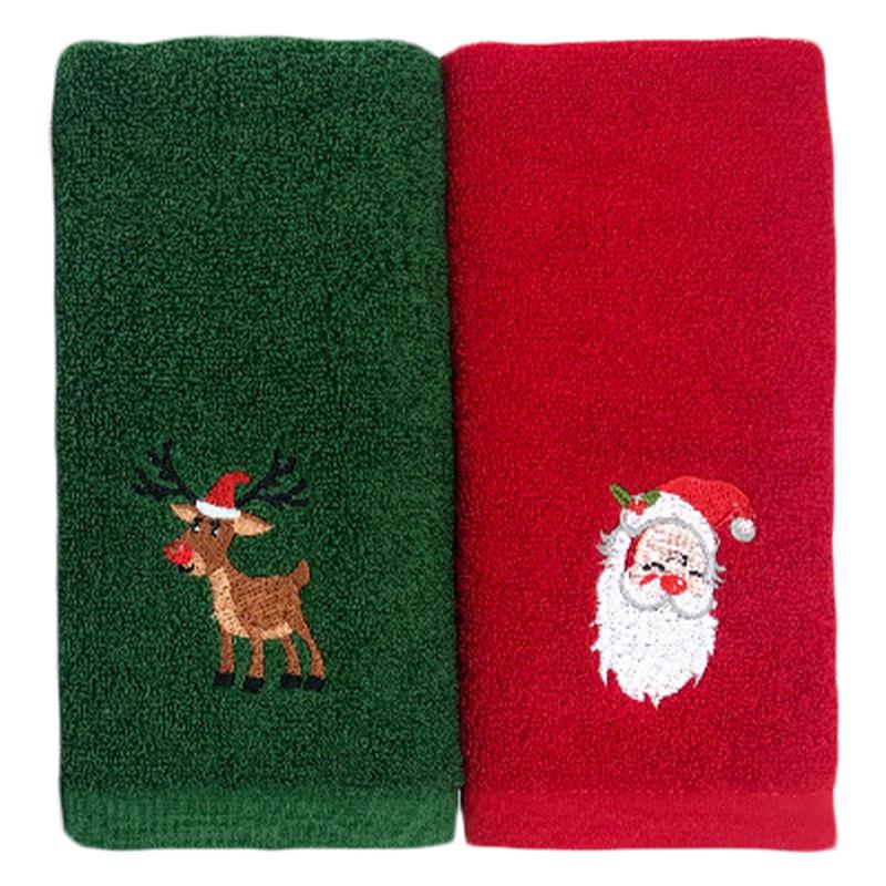 2 stk juleansigt håndklæde luksus bomuld julemønster håndklæde julemanden elg ansigt vask håndklæde klud adgang til badeværelset: Rødgrøn