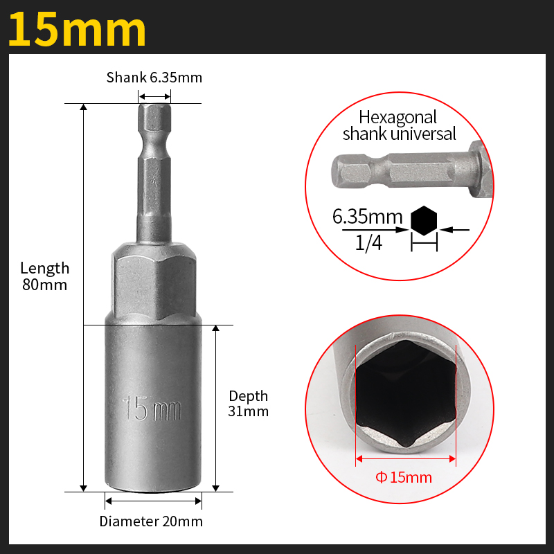 5.5-19mm Length Deepen Impact Socket Adapter Power Nut Driver Socket Drill Bit 1/4-inch Hex Shank Screwdriver Key Head Hand Tool: Silver
