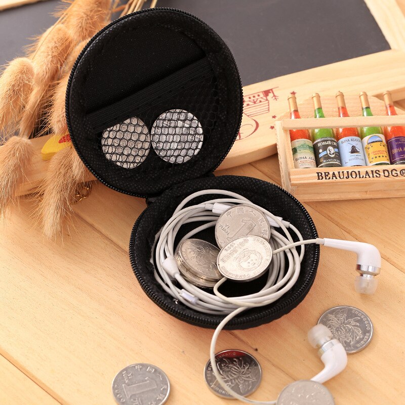 Ronde Draagbare Oordopjes Doos Mini Rits Hard Headphone Case PU Leer Oortelefoon Case Opbergtas Beschermende USB Kabel Organizer