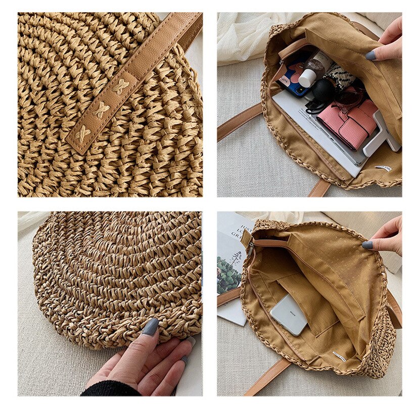 Rund strå strandtaske vintage håndlavet vævet skuldertaske raffia cirkel rattan tasker boheme sommerferie casual tasker