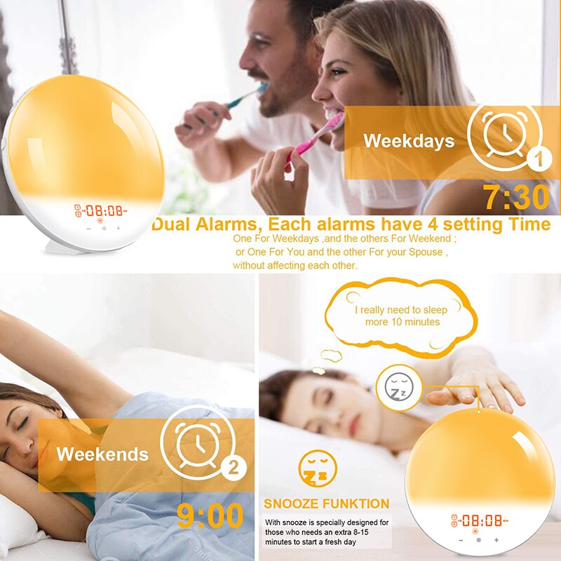 Alarm Clock Wake Up Light Smart Digital Snooze Nature Night Lamp Sunrise Colorful Light Nature Sounds FM Radio 7 Colors Sunrise