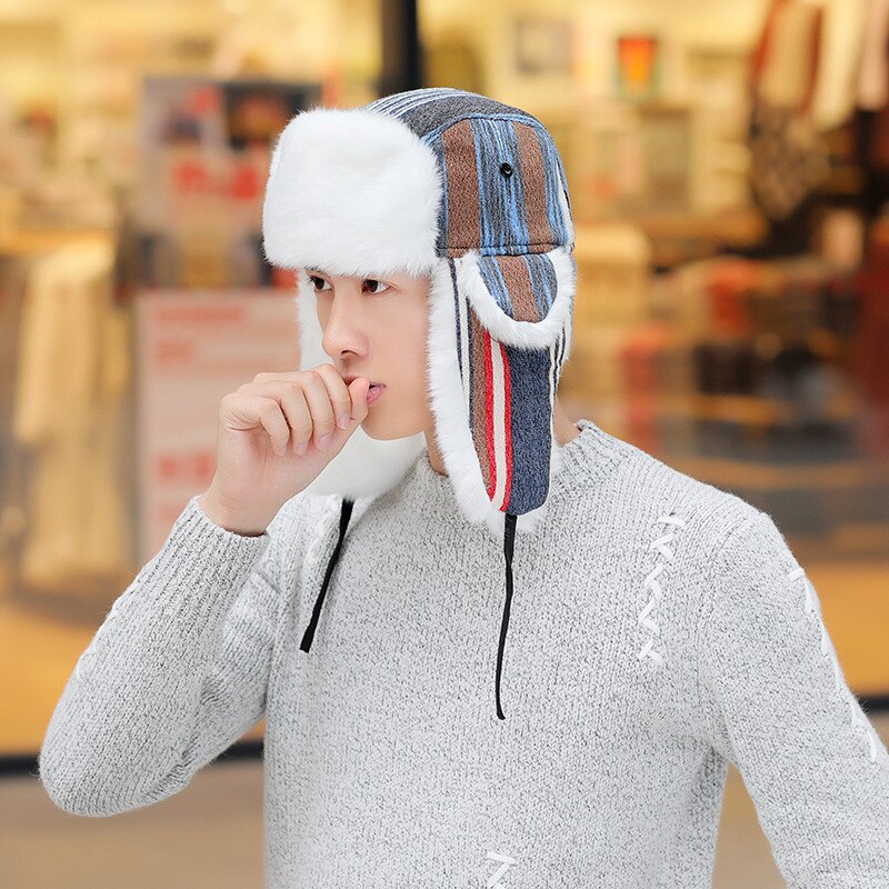 HT1383 Men Women Winter Hat Striped Thick Russian Fur Hat Ski Earflap Trapper Hat Lover Couple Bomber Hat Ushanka