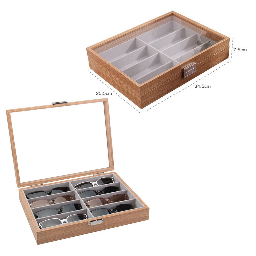 8 Slot Wooden Eyeglass Box Sunglass Storage Container Inner Felt Pad Glasses Display Case Transparent Glass Window