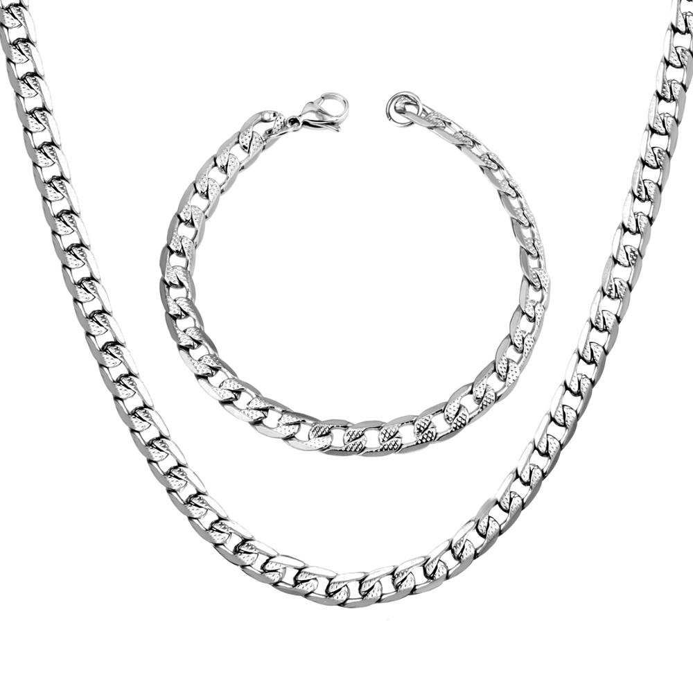 LUXUSTEEL Silver Color Chains Necklace Bracelets Width 6mm/8mm/10mm Length 50cm/55cm/60cm Stainless Steel Long Necklace Party