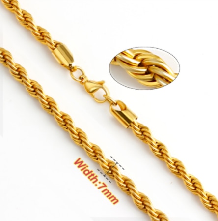 Stainless Steel Rope Chain Necklace Twisted 2/3/4/5/6/7 Width for Men and Women Gold Silver Jewelry: Gold7mm / 60cm