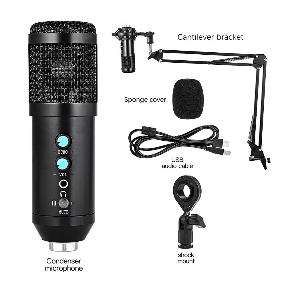 USB Condenser Microphone Kit With Tripod Stand Microfone Cardioid Studio Recording Live KTV Karaoke Microphone for PC Computer: Cantilever Black