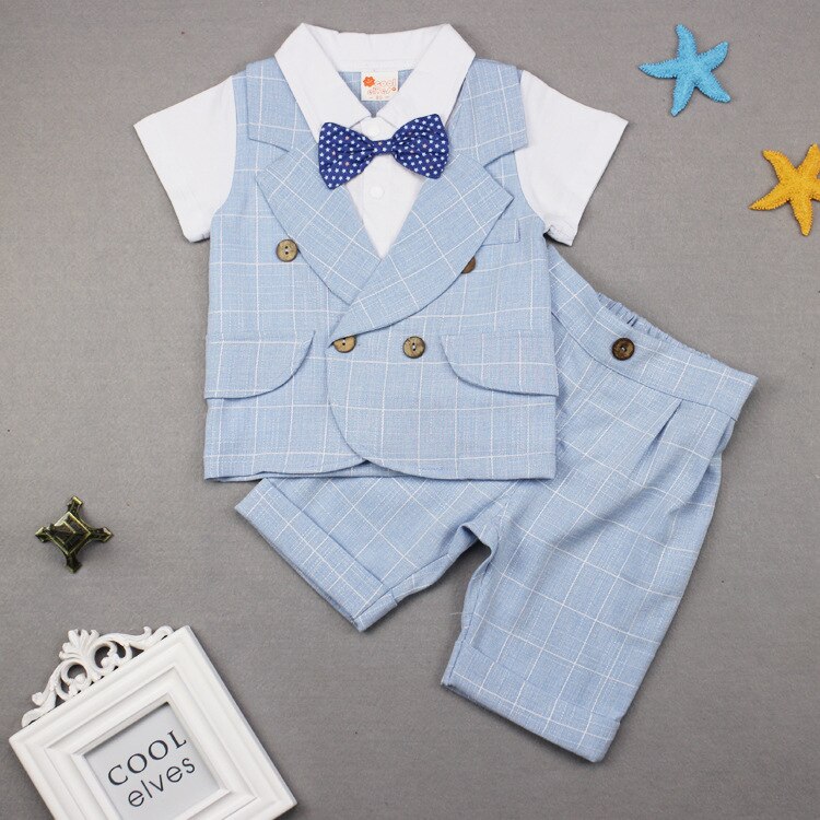 Baby Boys Summer Clothing Suit Child Plaid Gentleman Bowtie Vest + Shorts 2pcs Clothing Set Toddler Kids Party Wedding Costume