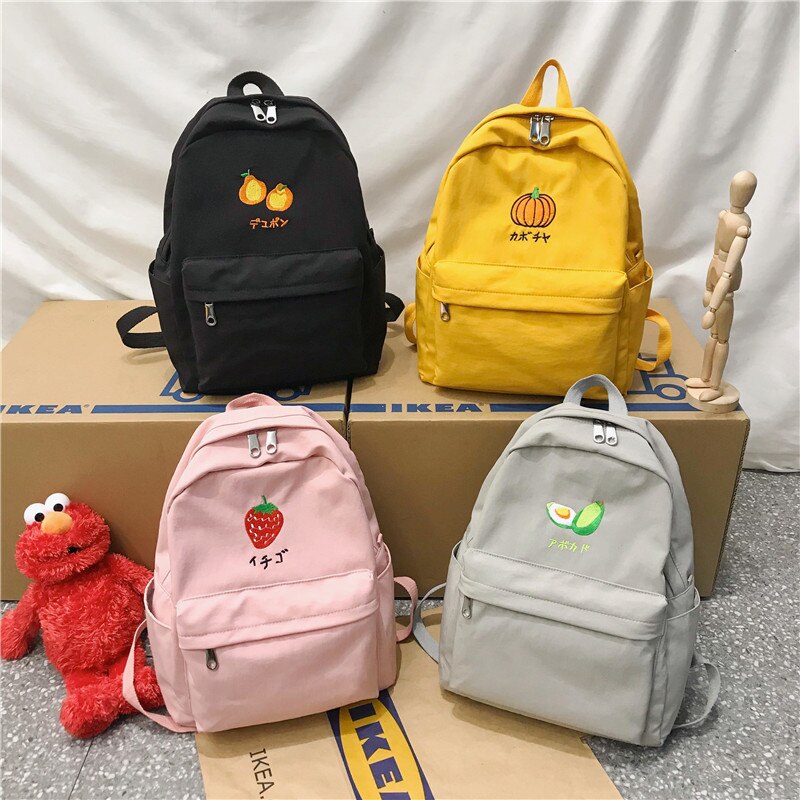 Menghuo Large Capacity Casual Waterproof Nylon Women Backpack Cute Cartoon Fruit Embroidery Girl Preppy School Backpack Mochilas