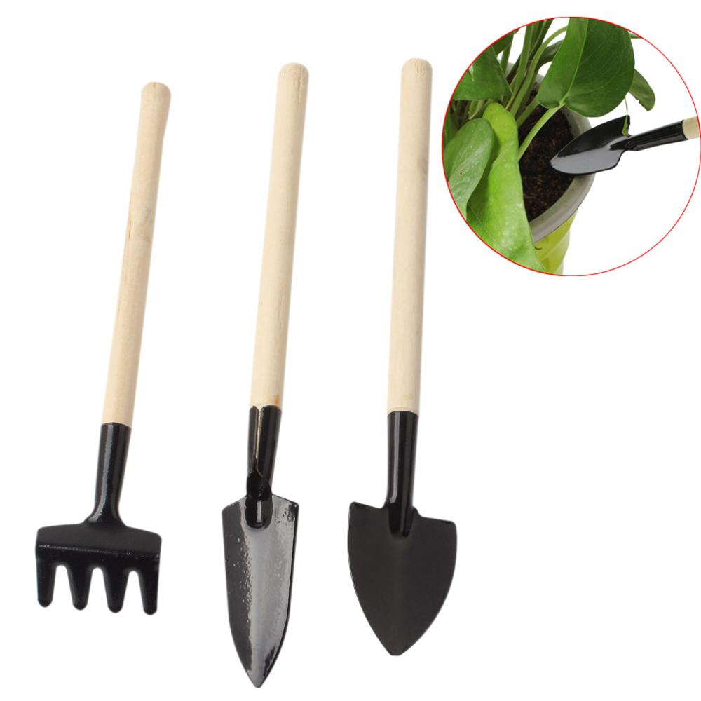 Haveredskaber 3 stk/ sæt mini haveredskaber lille skovl rive spade træ håndtag metal hoved haverktøj spade & skovl