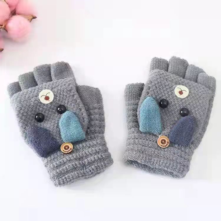 Kids Handschoenen Half-Vinger Flip Winter Baby Warm Vijf-Vinger Handschoenen Breien Basisschool Handschoenen Wanten 6-12year: GRAY
