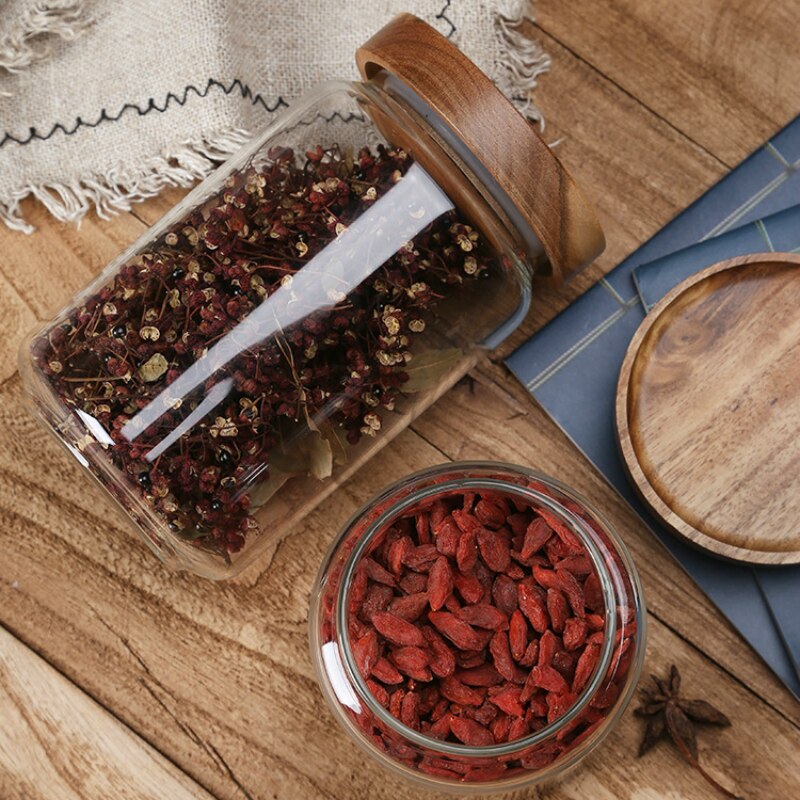 Armazenamento de cozinha tampa de madeira vidro hermético vasilha garrafas frascos recipiente de alimentos grãos chá grãos grãos grãos doces jar recipientes