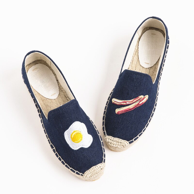 Alpargatas con fondo grueso y huevos de tocino para mujer , Primavera Verano, playa, tela bordada, alpargatas, zapatos planos con plataforma para mujer