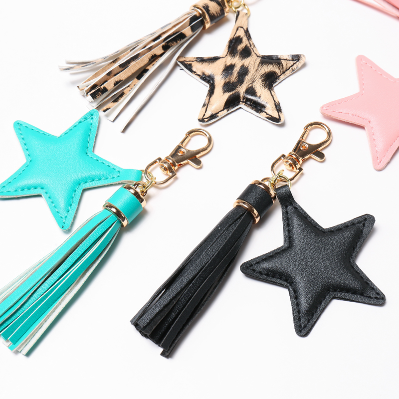 LLavero de borla de cuero PU a la para mujer y niña, colgante de estrella, llaveros con cierre de langosta, accesorios para bolso