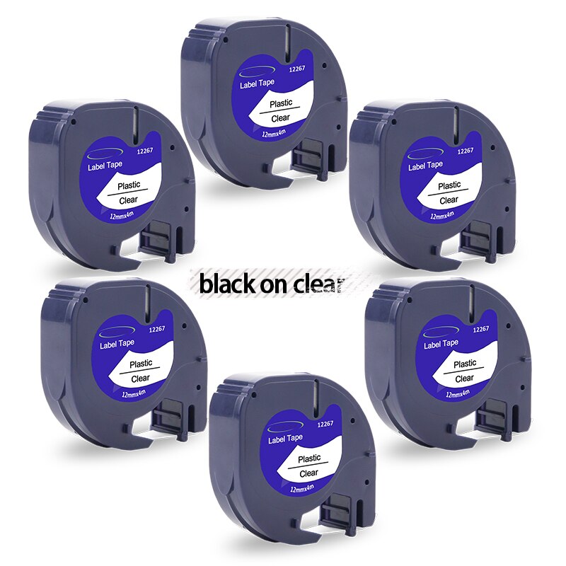 Topcolor-cintas de etiquetas para impresora dymo 91202, pegatinas de plástico, negro sobre amarillo, 12mm, para LetraTag Plus, LT-100T, LT-110H, 2000, XM, 6PK: Black on Clear