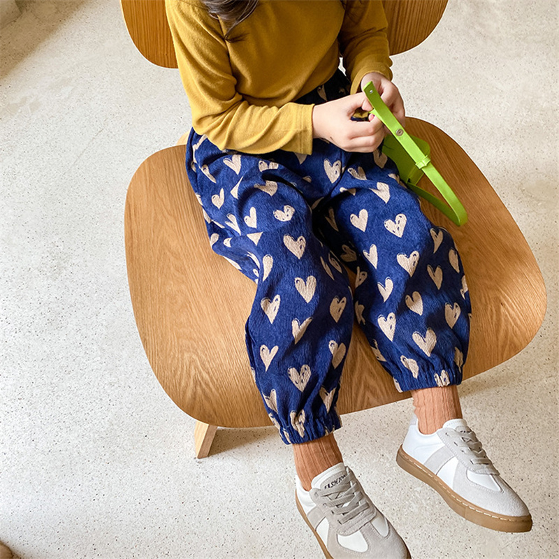 Meisjes Lente Herfst Liefde Print Corduroy Broek 1-8 Jaar Mode Losse Alle-Wedstrijd Casual Broek