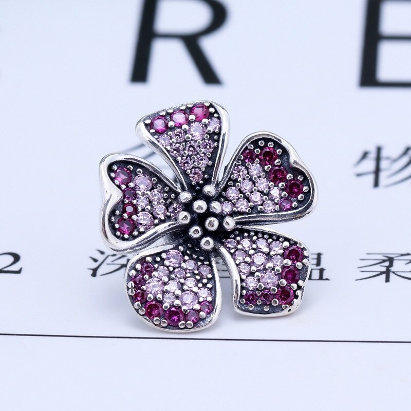 925 Sterling Silver Beads Flower Butterfly Pink Blue CZ Charm Fit Pan Bangle Bracelet DIY Women Jewelry