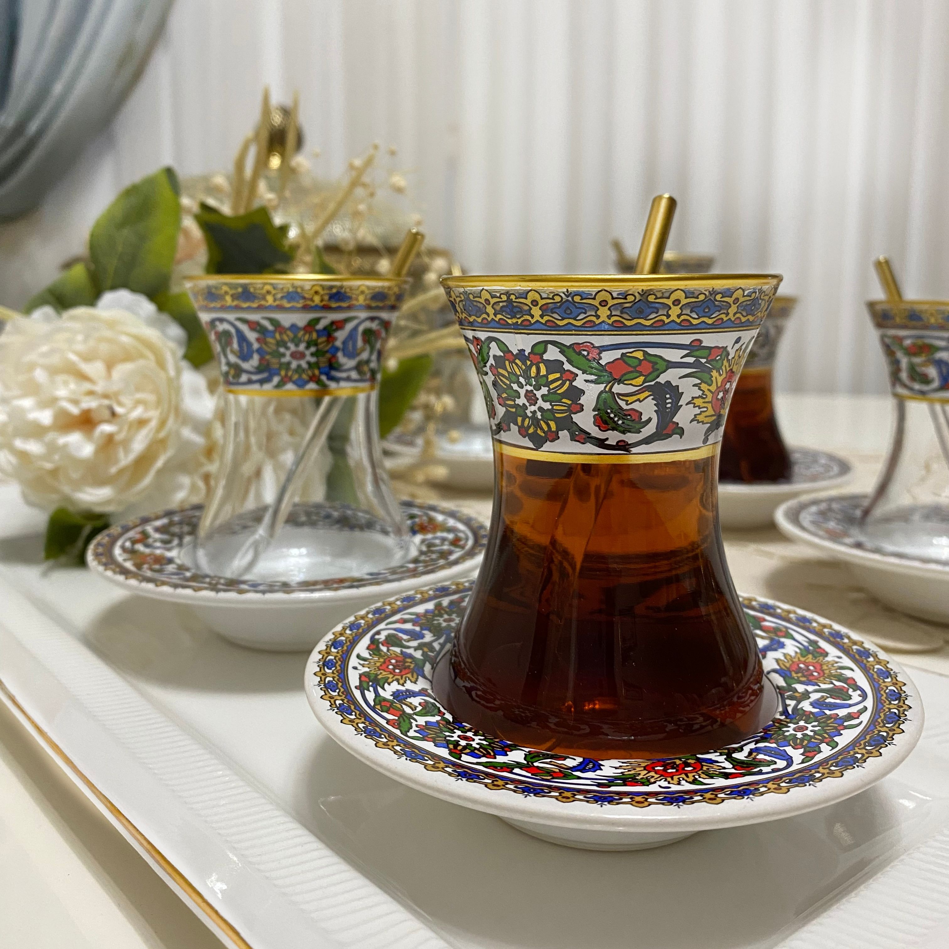 18 Pcs Turkish Tea Cups drinkware Tile Patterned Glass Arabic Tea Ware Porcelain Plate Glass Spoon expresso coffee tea set