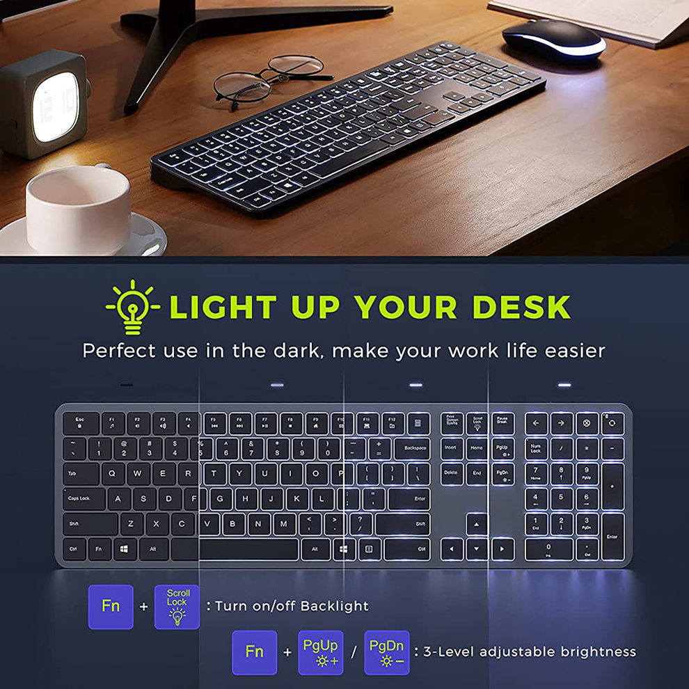 Kabellose Tastatur mit Hintergrundbeleuchtung, 2,4 G USB, leise kabellose Tastatur mit Hintergrundbeleuchtung, wiederaufladbares, schlankes Tastatur- und Mausset in voller Größe