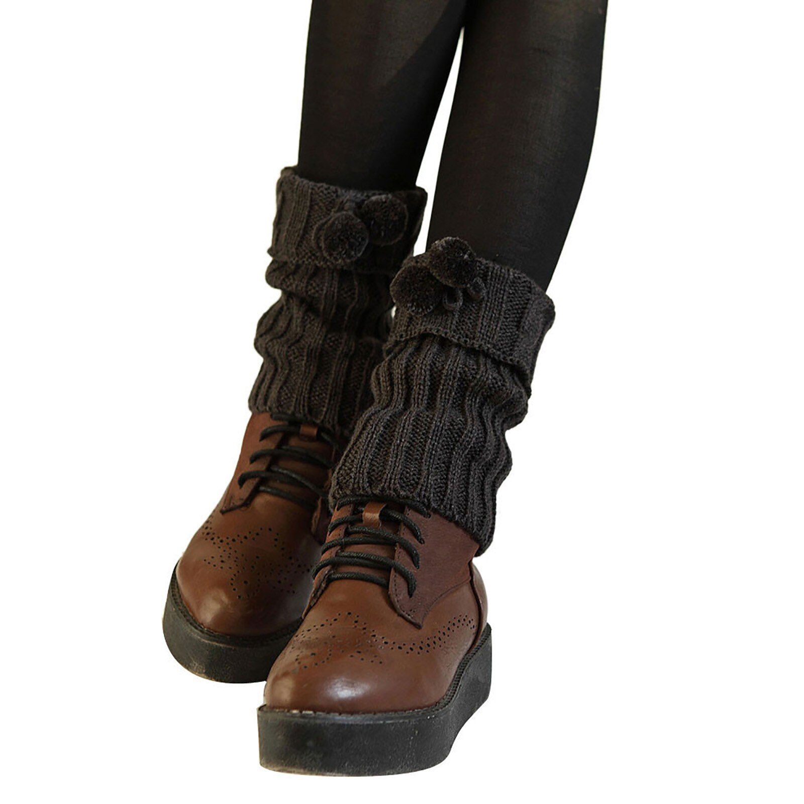 Calentador de piernas para mujer, 1 par, cálido, hasta la rodilla, punto giratorio, Bola de Pelo, ganchillo, calcetines, calentadores de bota: Gray