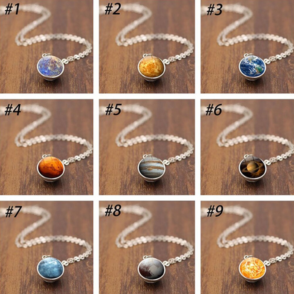 Personality Double Side Glass Ball Necklace Earth Planet Pattern Jewelry Galaxy Astronomy Pendant Necklace for Men