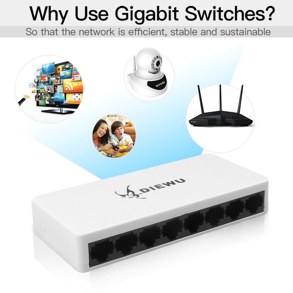 kebidumei Mini 8 Ports Network Switch 10/100Mbps Fast LAN Ethernet Network Switch Adapter with EU/US Power Supply