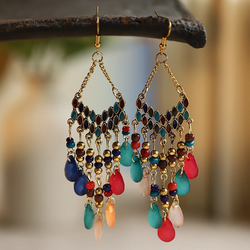 Bohemian Ethnic Flower Ladies Earrings for Women Boho Vintage Alloy Carved Beads Tassel Dangle Earrings Indian Jewelry: E1792-1 mixing
