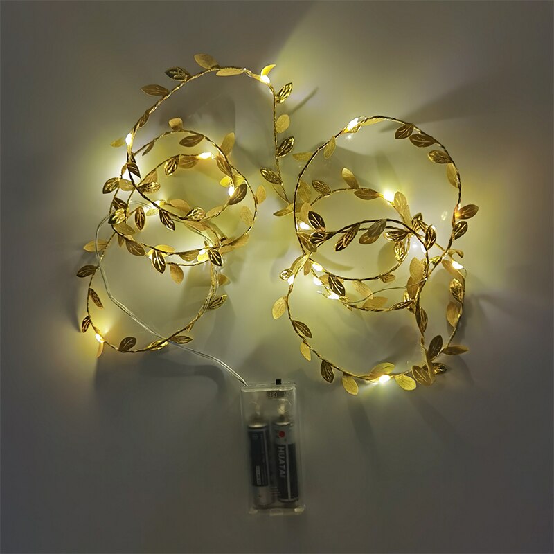 Guirnalda de hojas blancas cálidas para decoración del hogar, luces de hadas alimentadas por batería, con hojas de vid y hiedra, para bodas y jardín, 20 led: Dorado