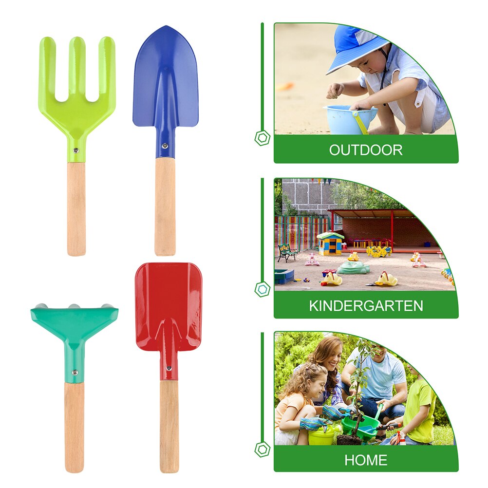 1 Set Kids Gardening Tools Shovels Fork Rake Trowel Kit with Wooden Handle