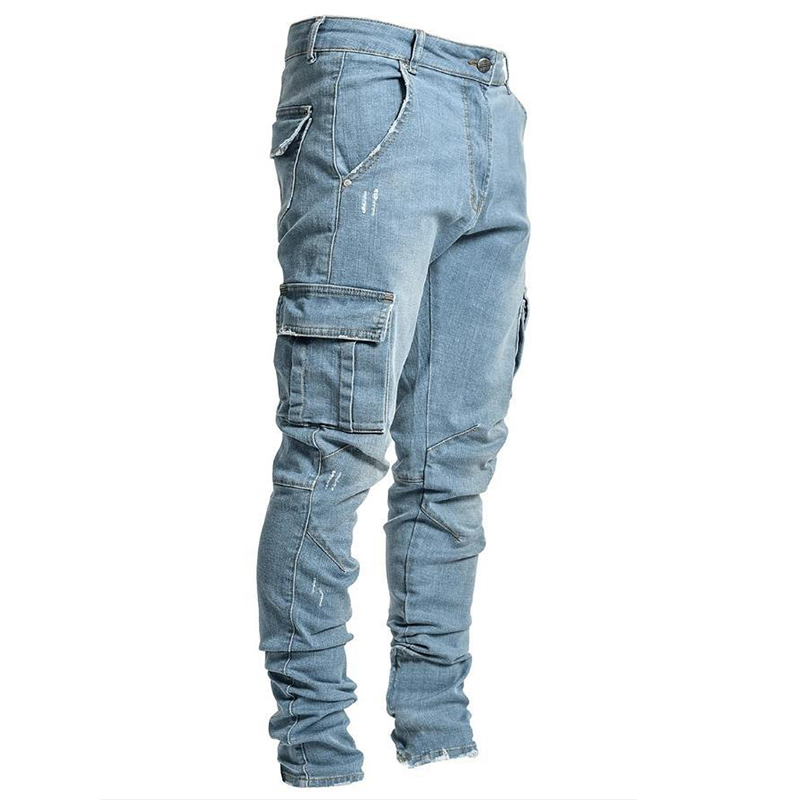 Hommes extensible maigre déchiré jean hommes poche latérale lavé mince Denim pantalon Biker jean pantalons de survêtement Hip Hop pantalon survêtement: M / BLEU CIEL