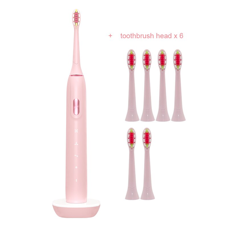 Cepillo de dientes eléctrico para adulto, cepillo de dientes eléctrico sónico con batería de 2000mAh para 90 días, carga USB, resistente al agua, 45000 veces/min: Pink  6 brush head