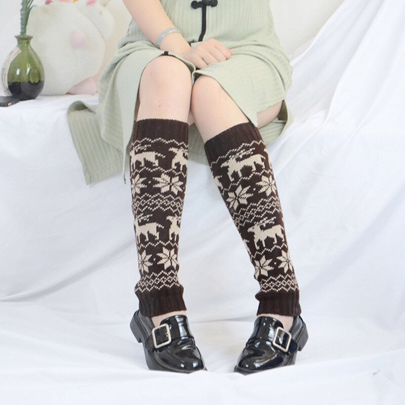 Lady Jk-calcetín de punto hasta la rodilla, ciervo y nieve, calentador de piernas para mujer, Invierno , Casual, Jacquard, alce: coffee(deer)