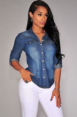 retro Frauen Damen lässig Blau Jean Denim Hemd Bluse Lange Hülse Drehen-unten kragen Spitzen Bluse