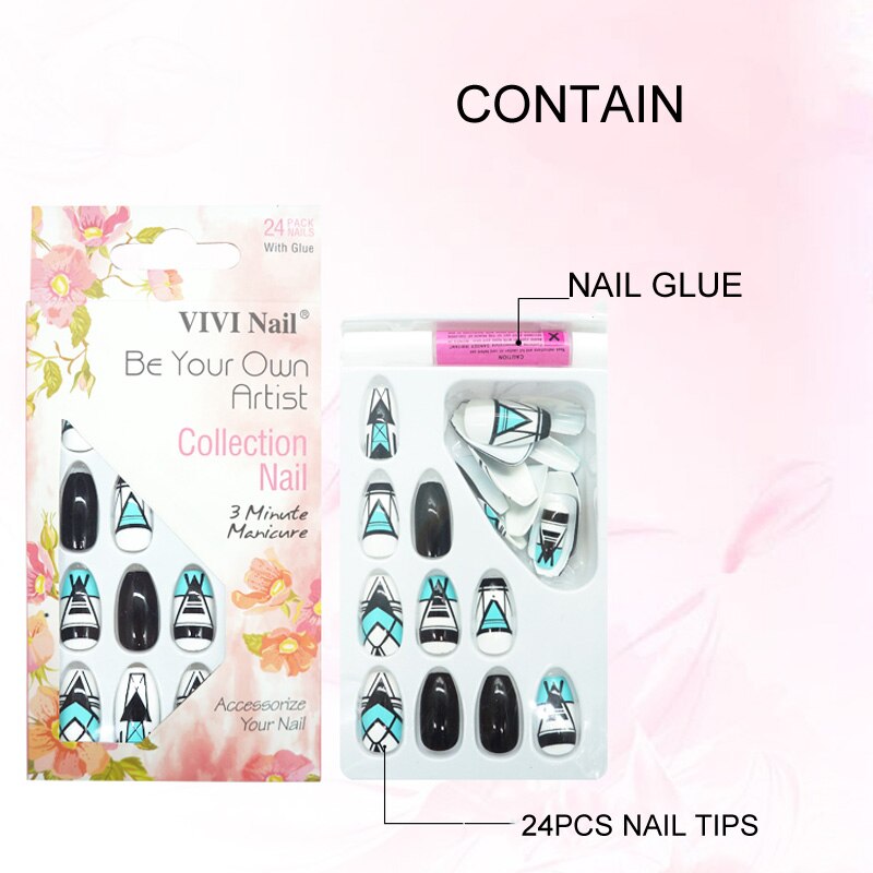 24 stks/set Zwart met Streep Nep Nagels DIY Volledige Cover Nail Art Tips Manicure Druk op Kunstmatige Ballerina Valse nail