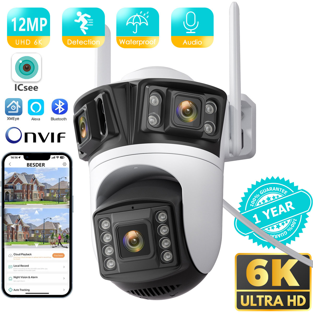 BESDER 6K 12MP HD Three Screen WIFI IP Camera Outdoor Three Lens Ai Human Detection Waterproof CCTV Video Security Camera iCsee