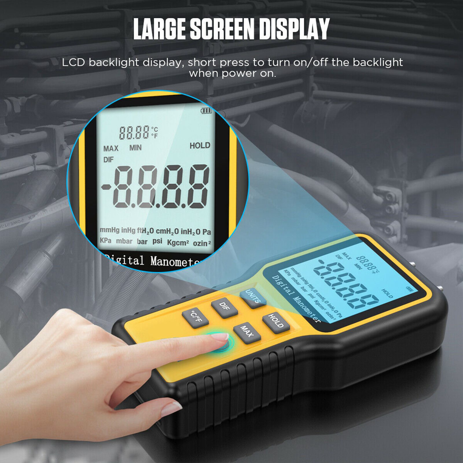 9V Digital LCD Manometer Differential Dual Port Air Pressure Meter HVAC Gas Tester