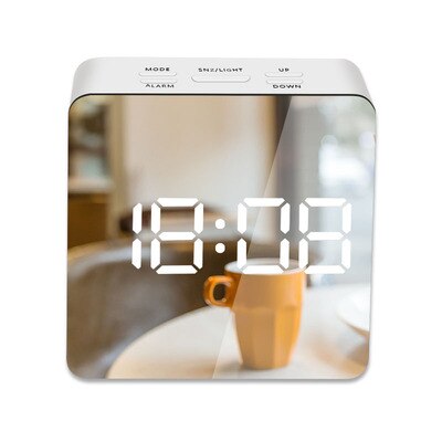 LED Alarm Clock Desk Table Digital Clock Curved LED Screen Alarm Clocks For Kid Bedroom Temperature Snooze Function Home Watch: White-02