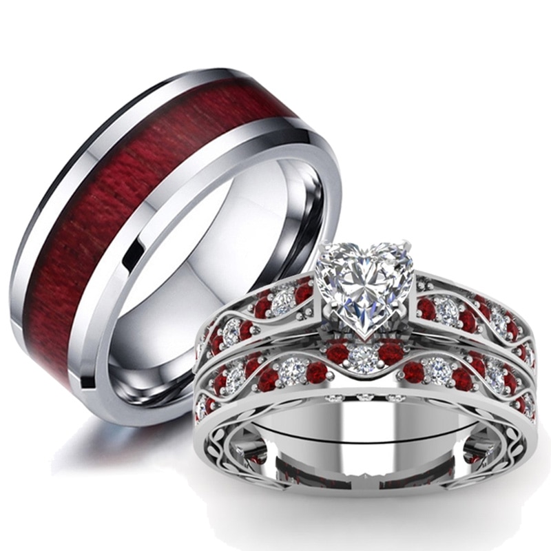 Anillos de pareja a la para mujer, conjunto de anillos CZ de cristal blanco con corazón, incrustaciones de madera roja, anillo de acero inoxidable para hombre, anillo de boda, de joyería