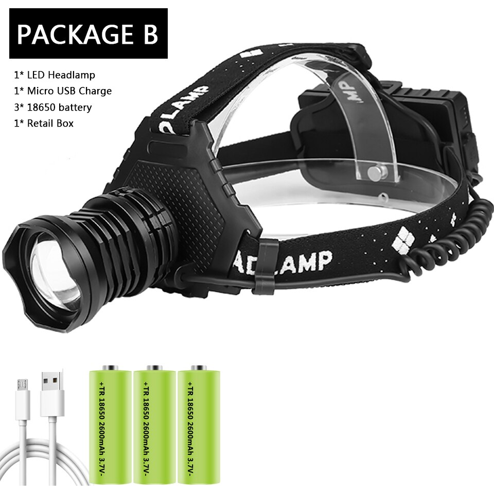 Lampa czołowa doprowadziło najmocniejszy reflektor XHP160 Zoomable głowica aluminiowa lampa Powerbank 7800mAh 18650 bateria robić oświetlenia kempingowego: Package B